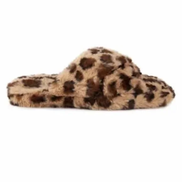 TRUE CRAFT Women's CrissCross Flats Fuzzy Furry Slippers Leopard Medium(7-8) - Picture 5 of 11